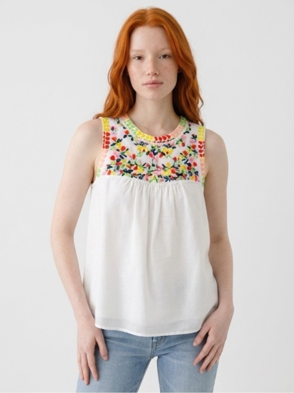 J. Crew Boho White Sleeveless Embroidered Floral Camisole
